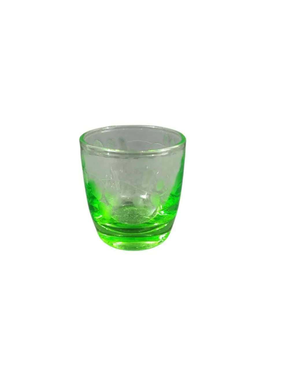 Vintage Uranium Vaseline Wheel Cut Etched Shot Glass Glows 2
